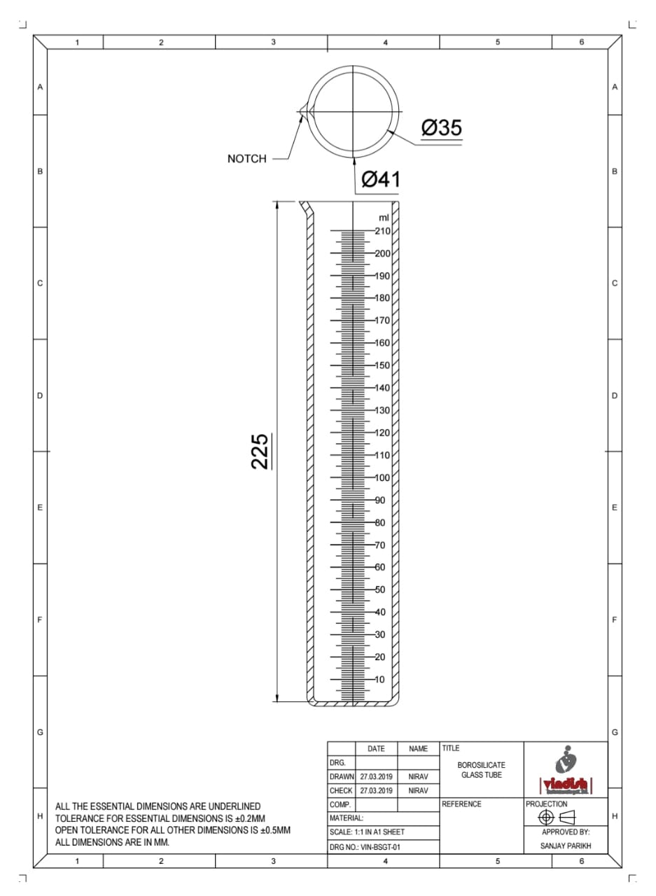 GLASS CYLINDER FOR PHOTOMETRIC TUBE TEST APPARATUS